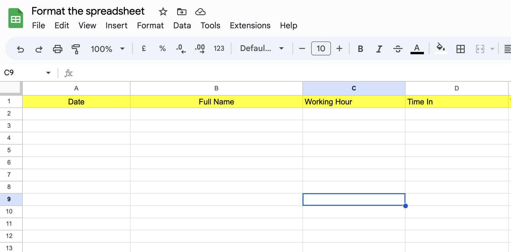 Format the spreadsheet