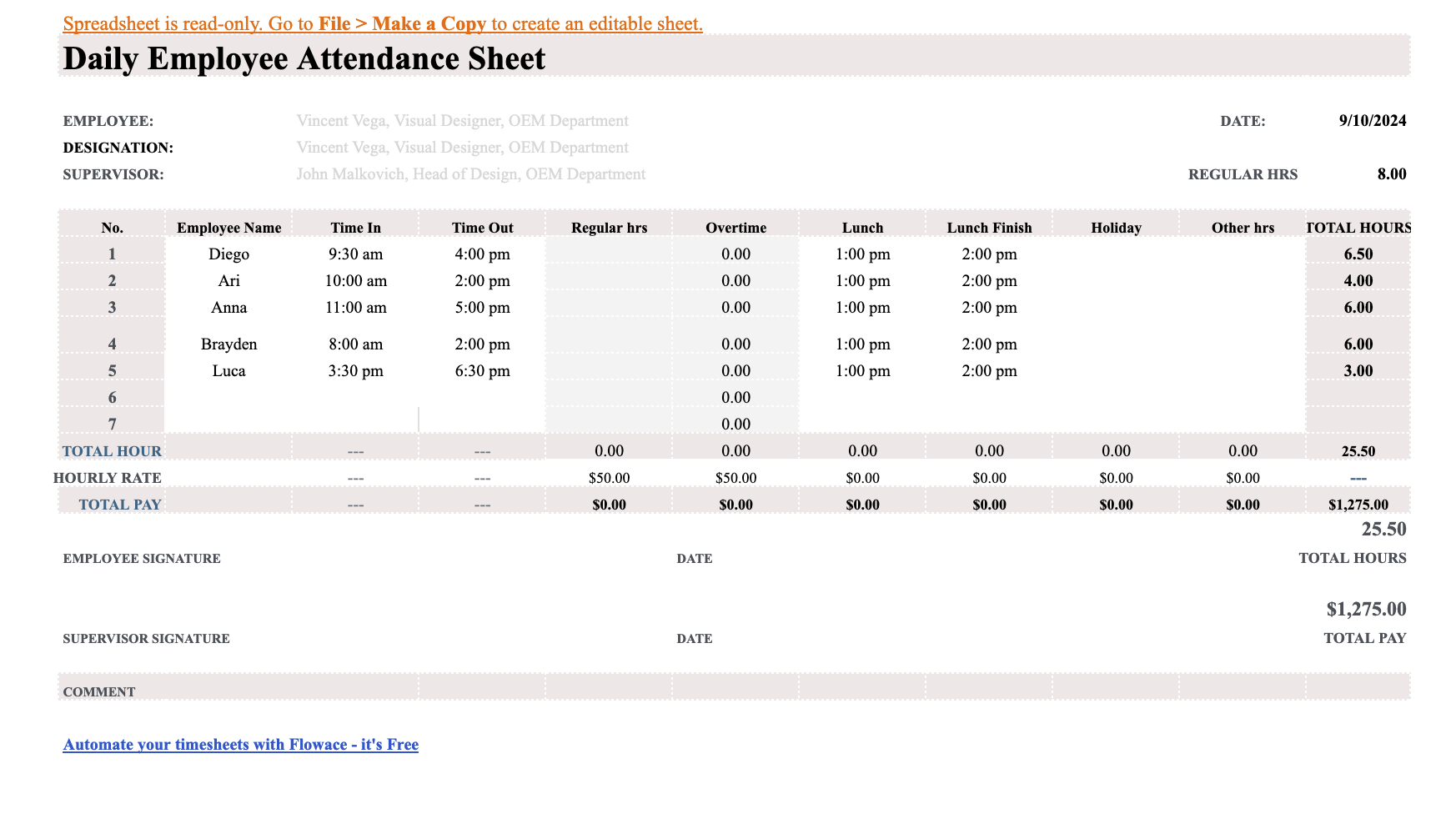 Daily Employee Attendance Sheet