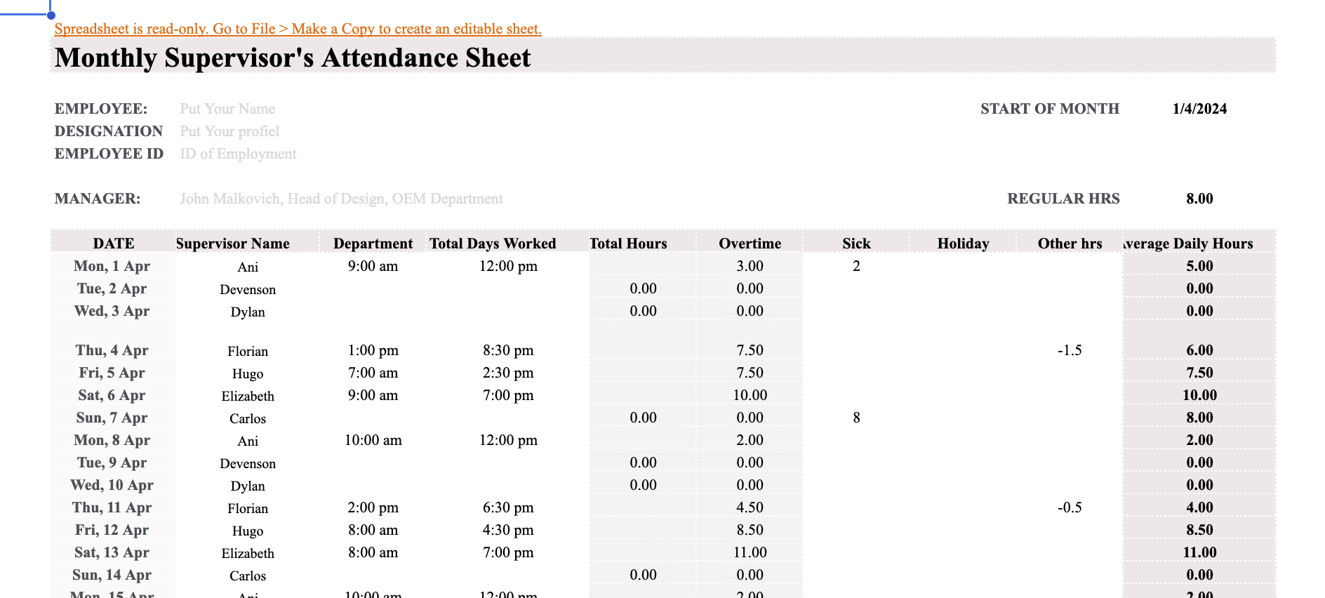 Monthly Supervisor's Attendance Sheet