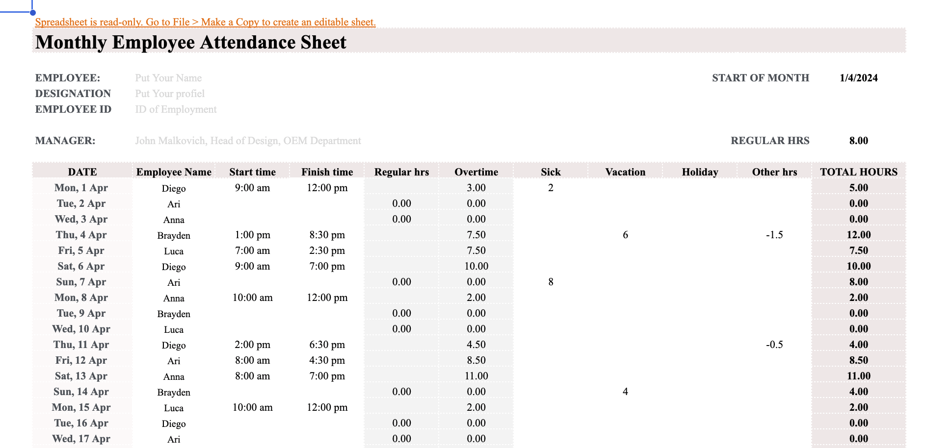 Monthly employee attendance sheet