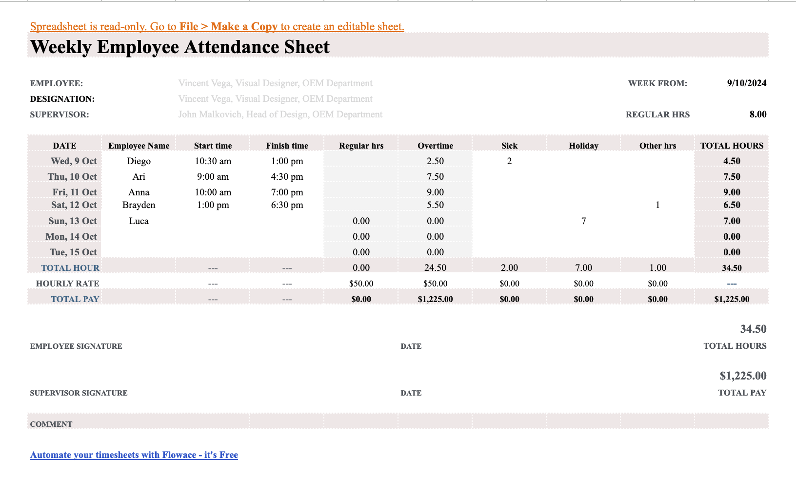 Weekly employee attendance sheet