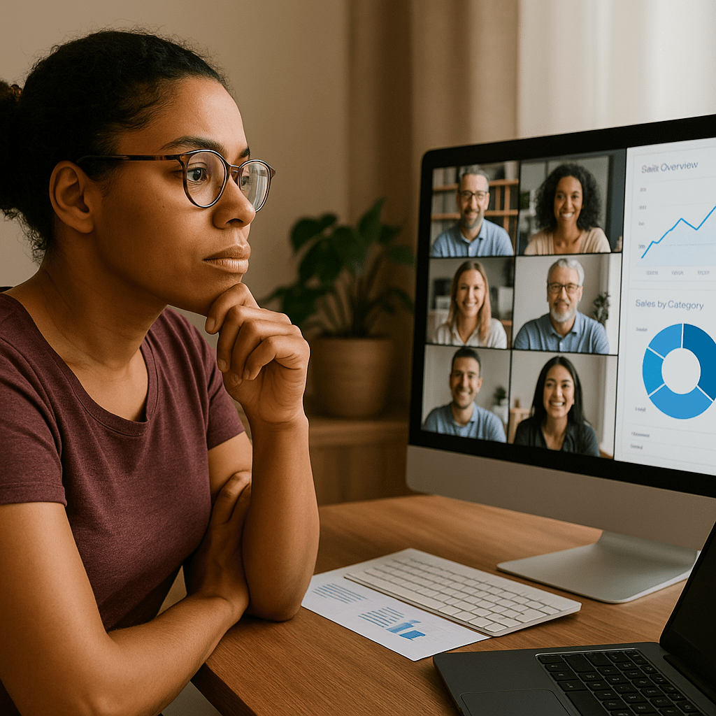 manager at home, looking thoughtfully at a split-screen of team video calls and analytics dashboards. how to tell if remote employees are working, worried about remote work productivity , monitoring remote employees, remote employee monitoring software, remote work accountability, employee time tracking tools, work from home productivity, identify remote employee burnout, remote employee performance issues 