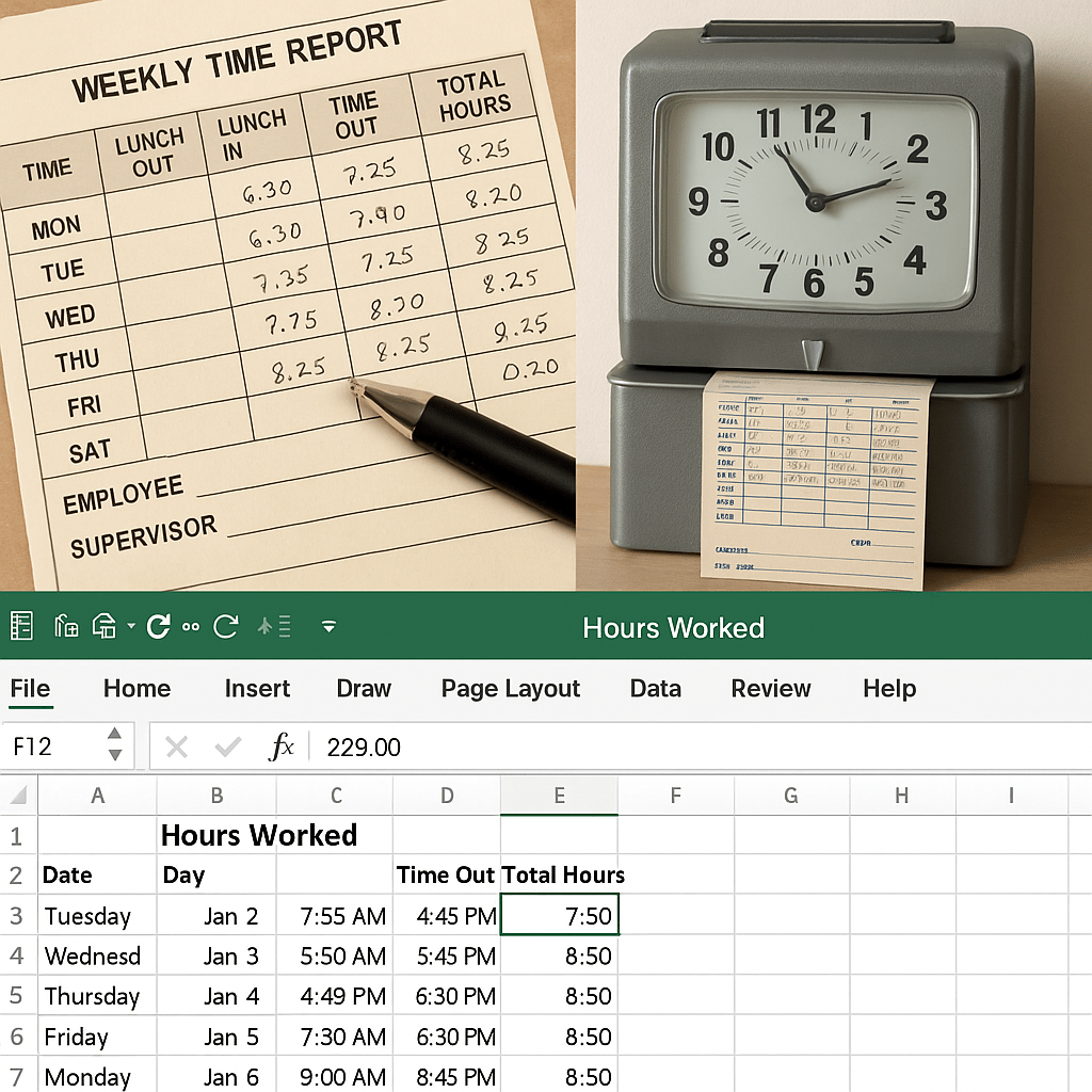 Collage of paper timesheets, punch clocks, and spreadsheets.