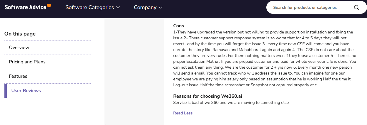 lack of customer support in We360.ai