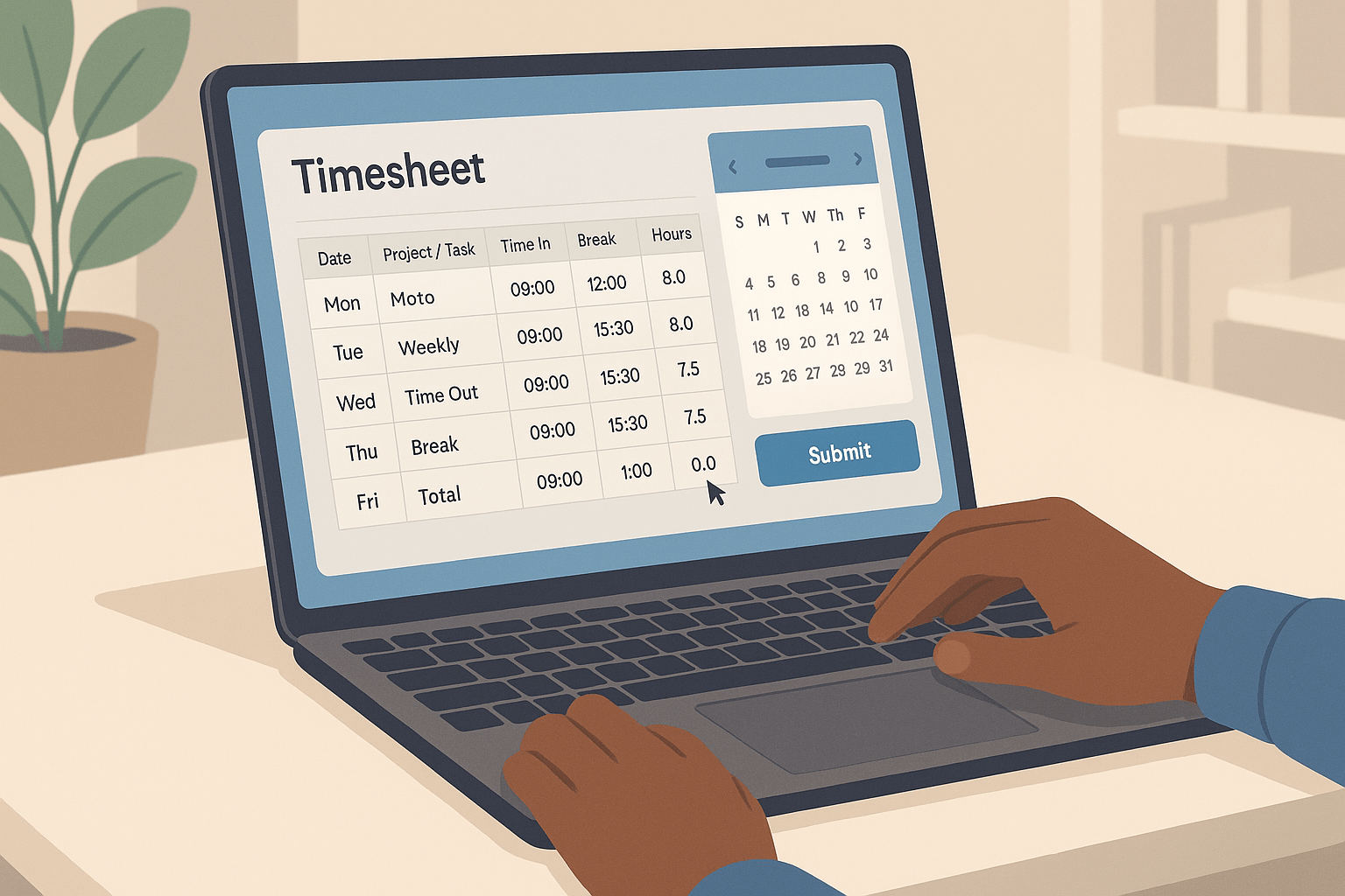 Employee completing a digital timesheet on a laptop with calendar view