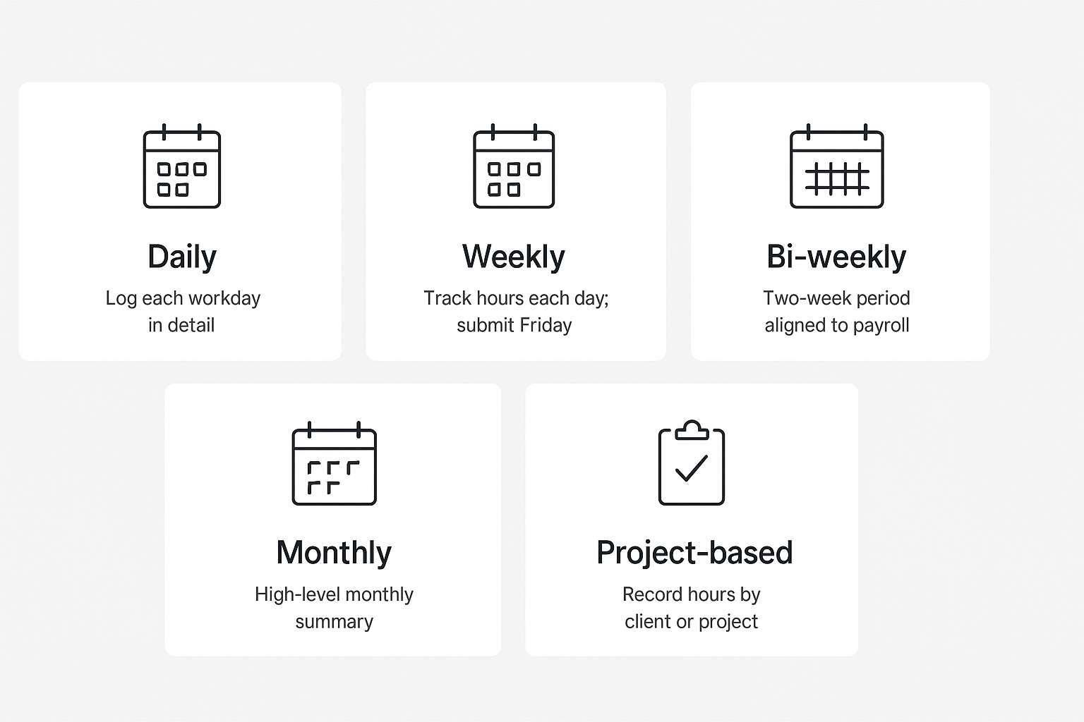 Cards showing daily, weekly, bi-weekly, monthly, and project-based timesheets
