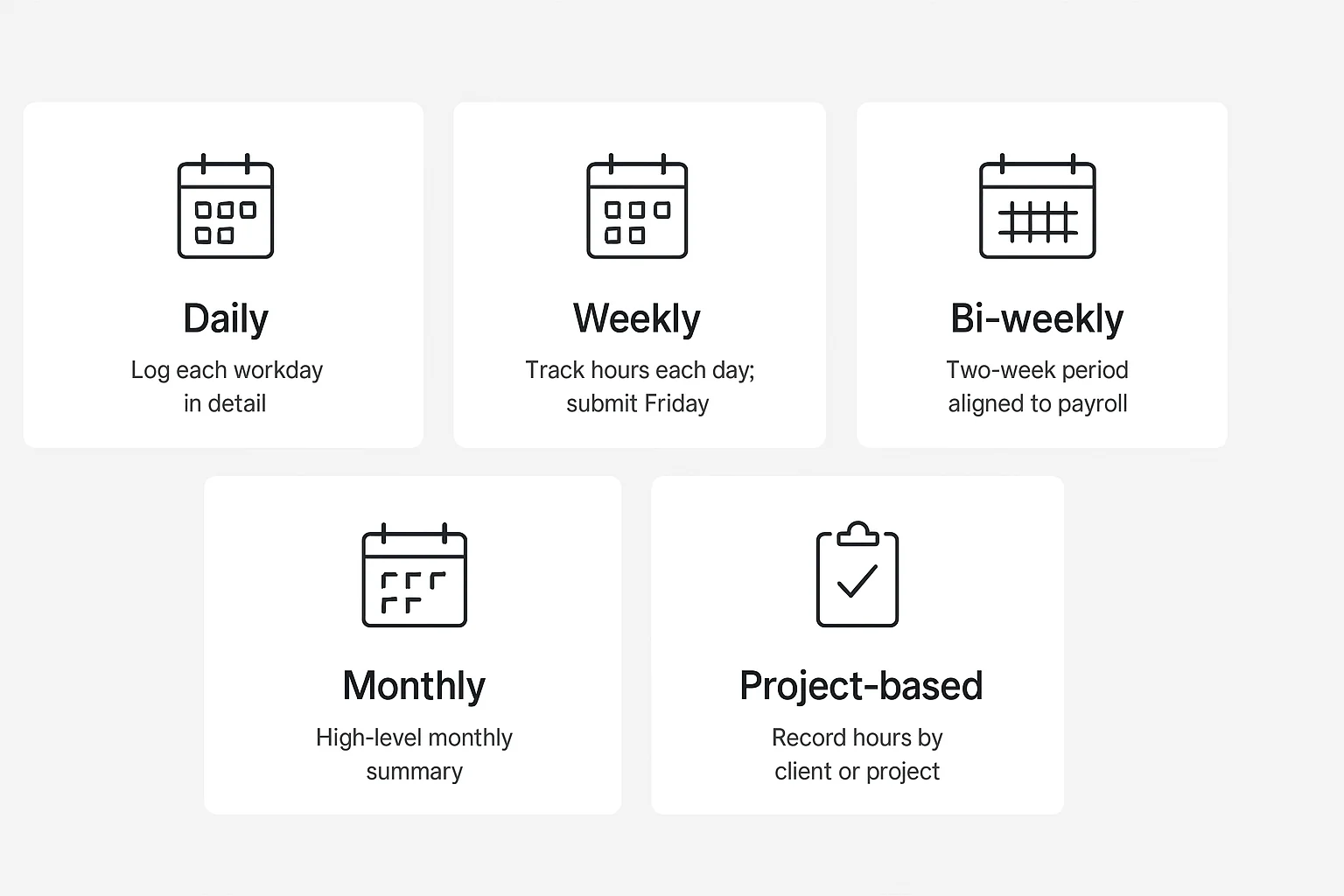 Cards showing daily, weekly, bi-weekly, monthly, and project-based timesheets