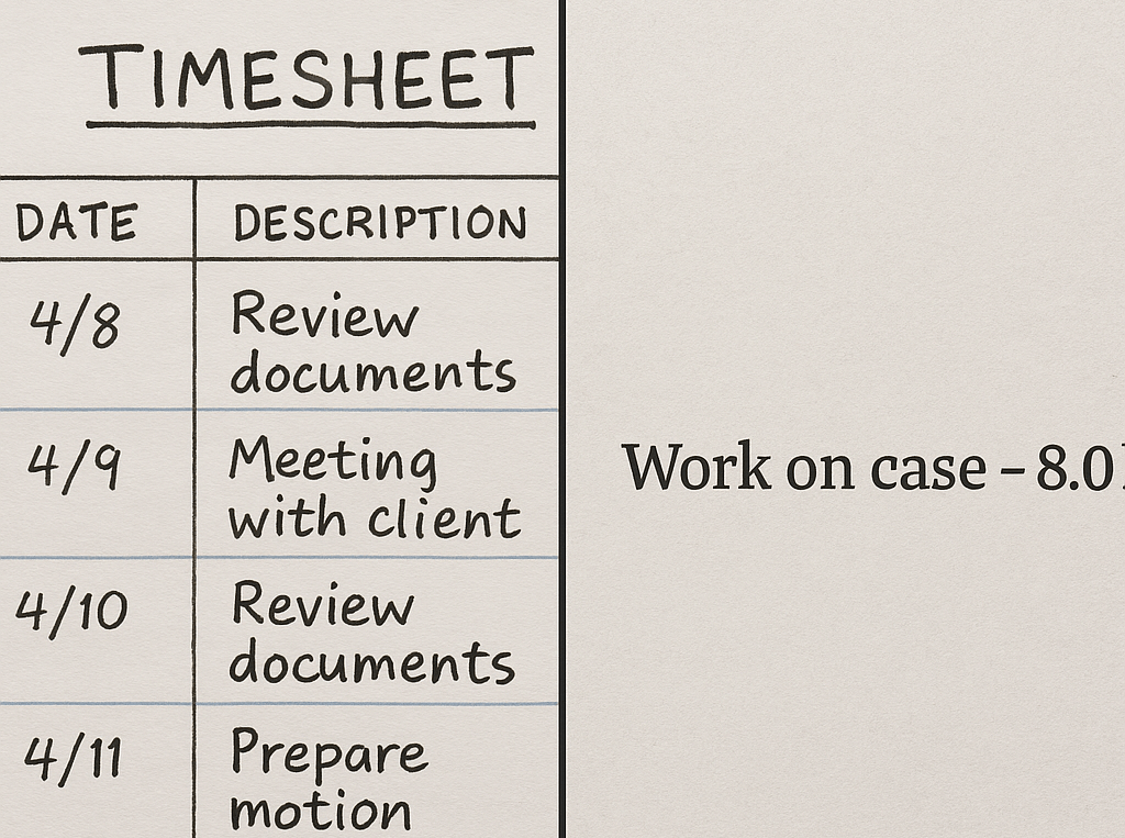Example of a block-billed legal invoice lacking task details.