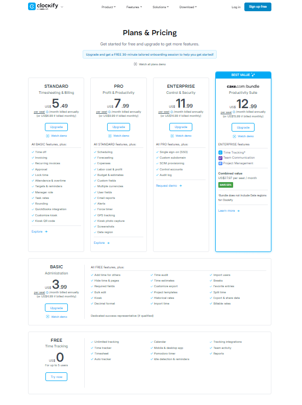 Clockify Pricing Plans