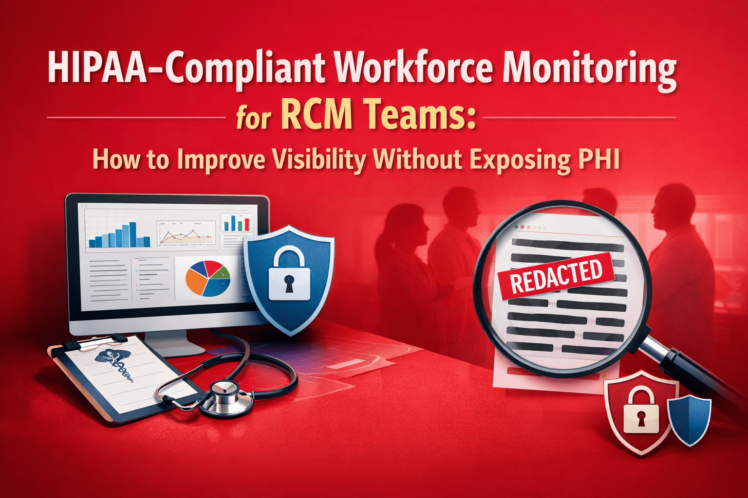 Create an image of a blog thumbnail displaying the title: HIPAA-Compliant Workforce Monitoring for RCM Teams: How to Improve Visibility Without Exposing PHI Use appropriate images and a red polished background colour. The image size should be 1536 by 1024 pixels Please write in English language. The image and text should be within the margin and the background colour should fill entirely