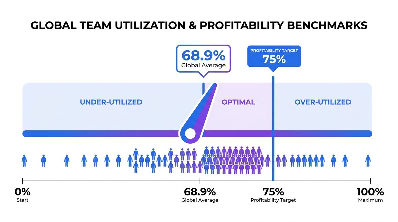A bar chart illustrating the optimal team utilization zone, with the global average marked at 68.9% and the profitability target at 75%.