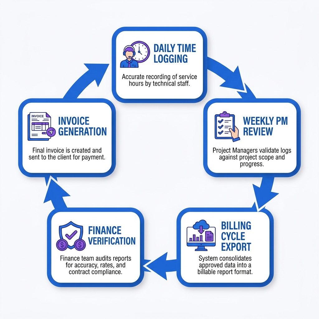 A circular five-step flowchart depicting the billing accuracy workflow for IT services, comprising: Daily Time Logging, Weekly Project Manager Review, Billing Cycle Export, Finance Verification, and final Invoice Generation.