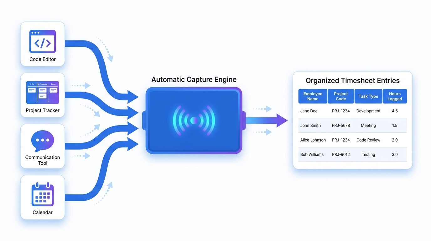 A diagram showing four input categories (Code Editor, Project Tracker, Communication Tool, Calendar) feeding into an Automatic Capture Engine that outputs structured, organized timesheet entries.
