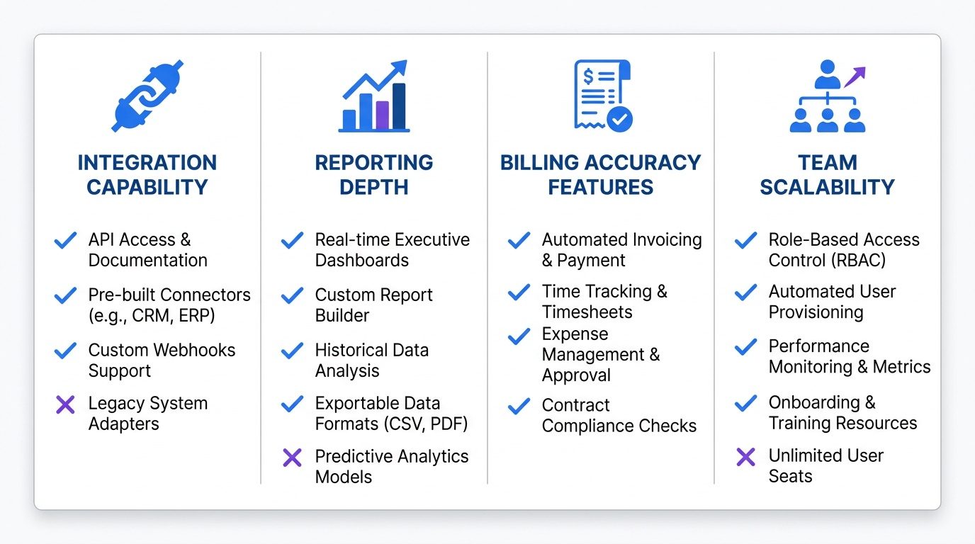 A feature comparison matrix for IT time tracking software, displaying columns for Integration Capability, Reporting Depth, Billing Accuracy, and Team Scalability to help firms evaluate their tooling needs.