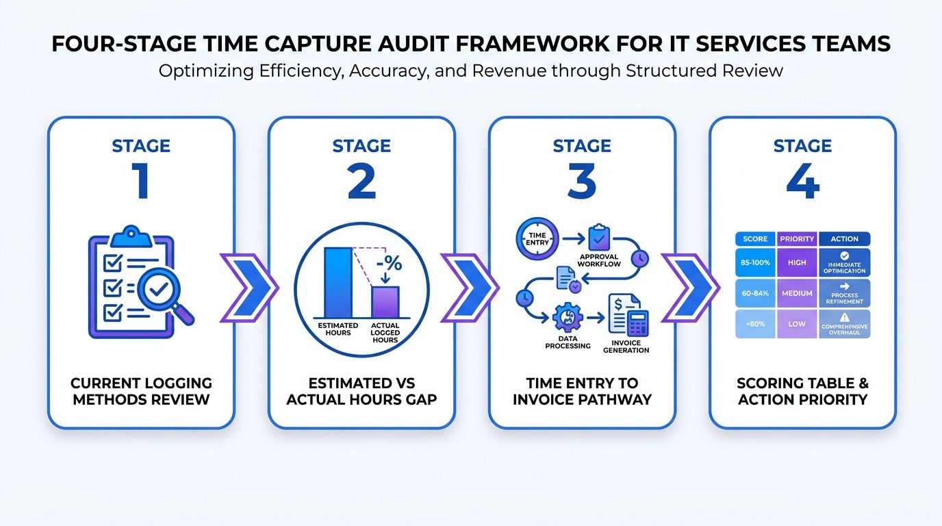 A four-stage flowchart visualizing the Time Capture Audit Framework for IT services teams, showing the progression from current method review and hours gap analysis to mapping the billing pathway and establishing scoring and action priorities.