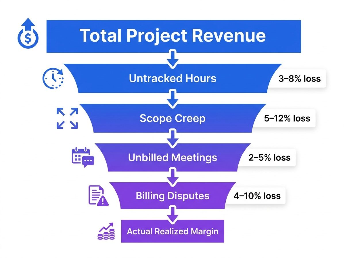 A funnel chart illustrating margin loss in IT projects, starting with Total Project Revenue at the top and narrowing through stages like untracked hours, scope creep, unbilled meetings, and billing disputes to reach Actual Realized Margin at the bottom.