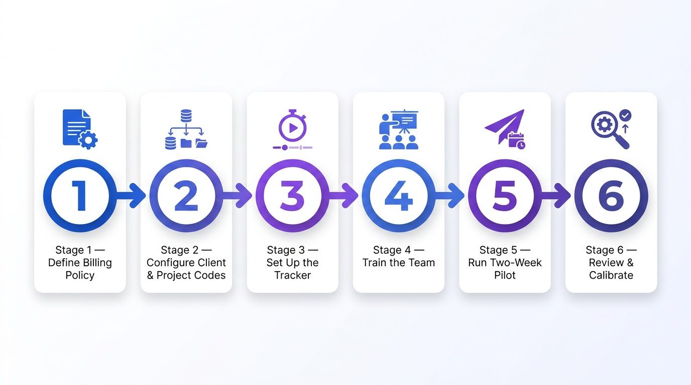 A six-stage process flowchart outlining the steps to set up a billable hours tracking system, from defining billing policies to reviewing and calibrating results.