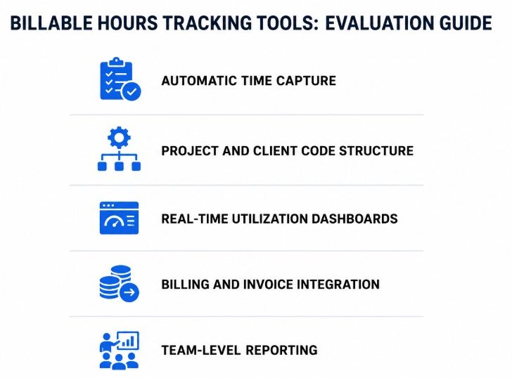 An infographic showing key billable hours tracking tool features for agencies, including automated time capture, client code structure, utilization dashboards, invoice integration, and team reporting. 
