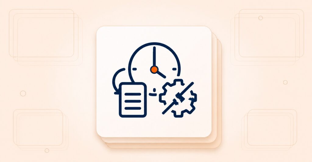 Automatic timesheet icon with clock, document, and gear showing automated time tracking.