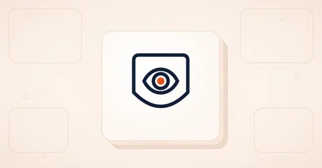 Minimal eye icon inside a rounded square card on a soft beige abstract background.