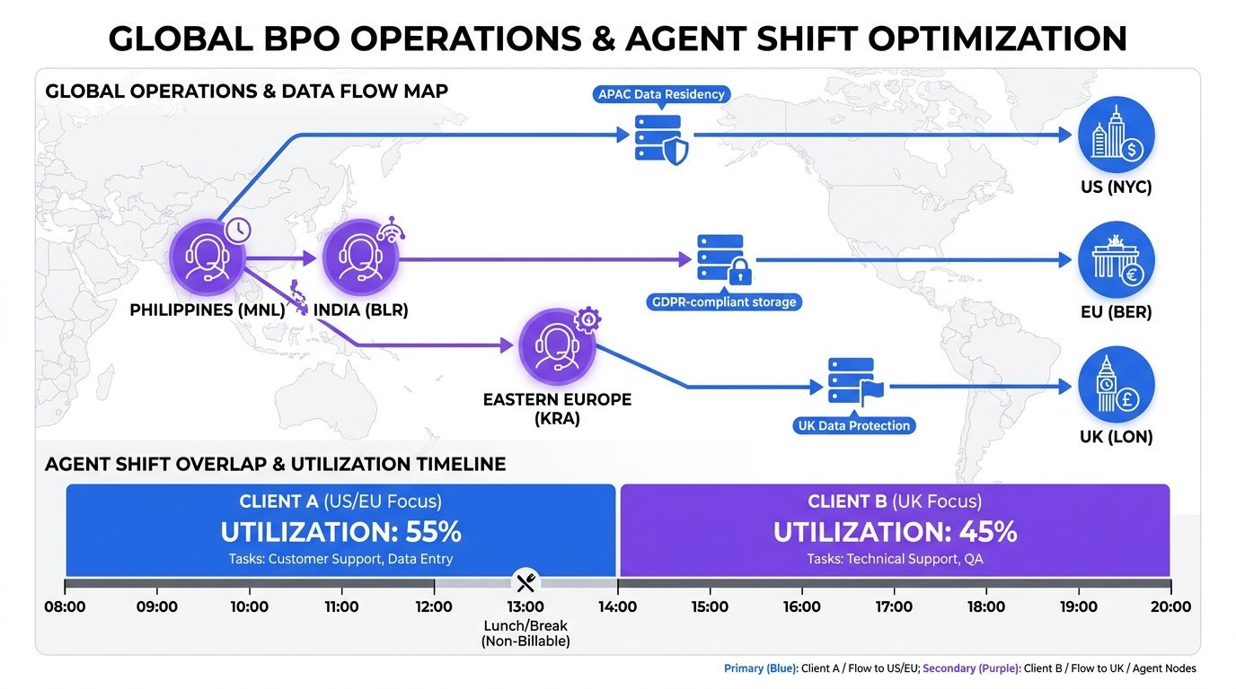 Global BPO operations and agent shift optimization diagram showing data flow from agents in the Philippines, India, and Eastern Europe to US, EU, and UK data regions, with a shift utilization timeline split between Client A and Client B. 