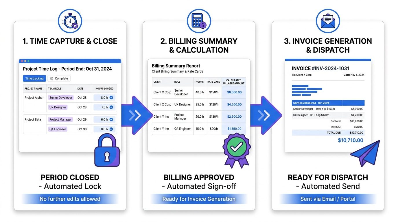 Three-step automated billing workflow showing time capture and period close, billing summary approval, and invoice generation for dispatch. 