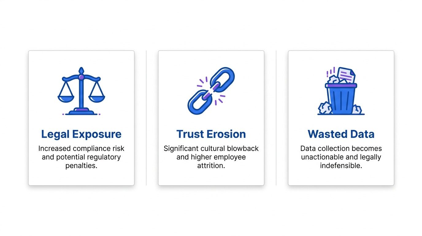 Three cards showing risks of employee monitoring without a policy: legal exposure, trust erosion, and wasted data.