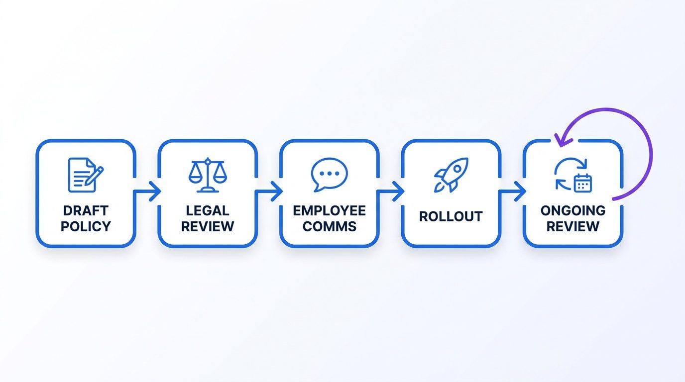 Employee monitoring policy review workflow showing five stages: draft policy, legal review, employee communication, rollout, and ongoing review.