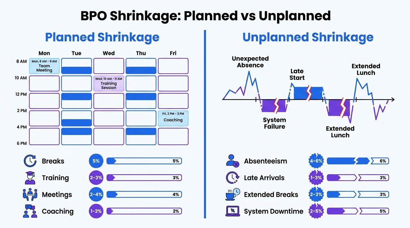 Illustration comparing planned and unplanned BPO shrinkage, showing scheduled breaks, training, meetings, and coaching against unexpected absence, late starts, extended breaks, and system downtime. 