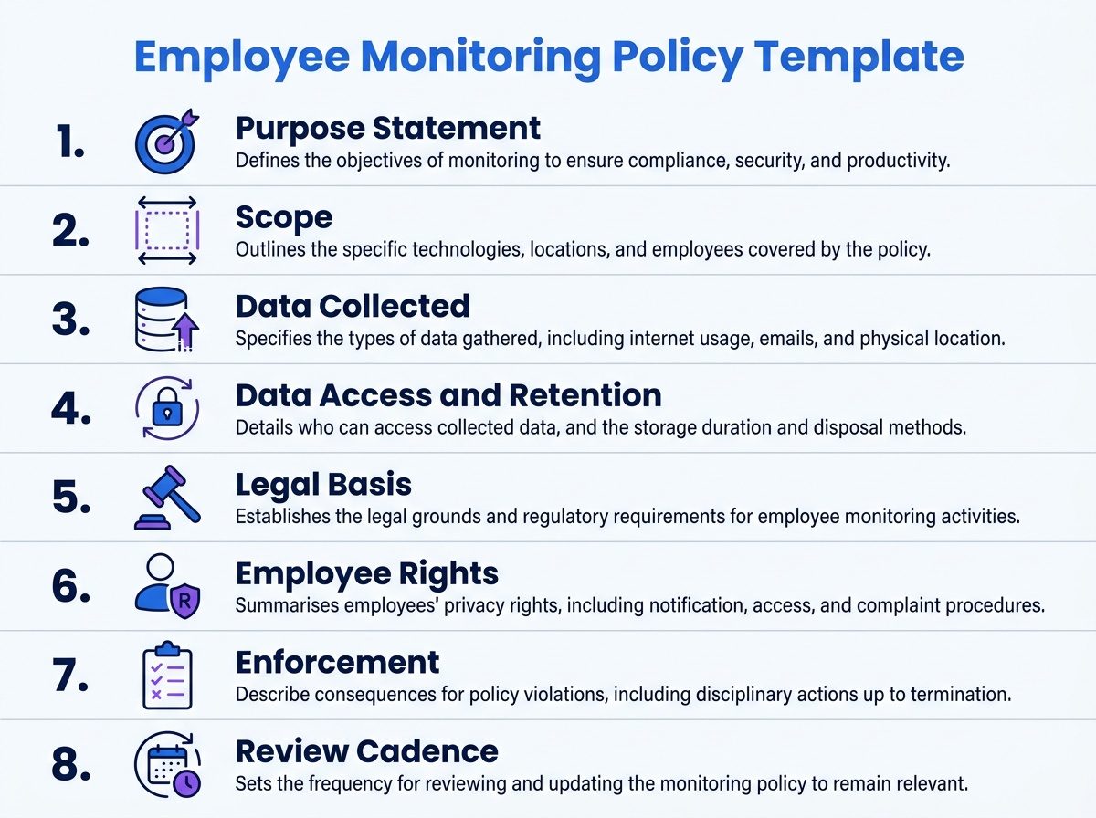 Employee monitoring policy template infographic listing eight key sections: purpose statement, scope, data collected, data access and retention, legal basis, employee rights, enforcement, and review cadence. 
