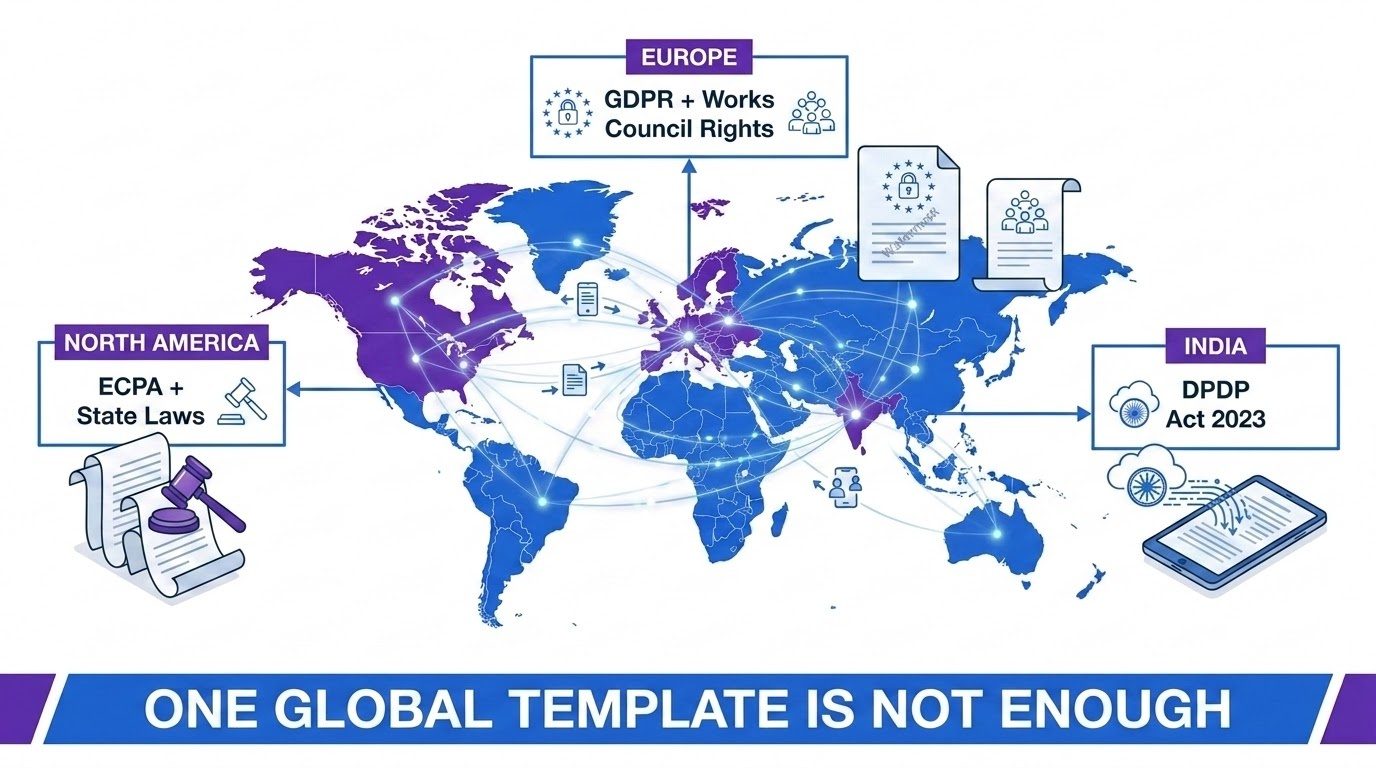 Global employee monitoring compliance map showing regional legal requirements for North America, Europe, and India, with the message that one global policy template is not enough.