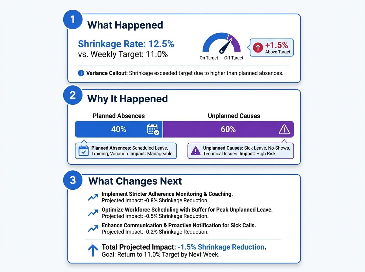 Three-step client-ready shrinkage report showing what happened, why it happened, and what changes next, with shrinkage rate, planned versus unplanned causes, and projected reduction actions. 