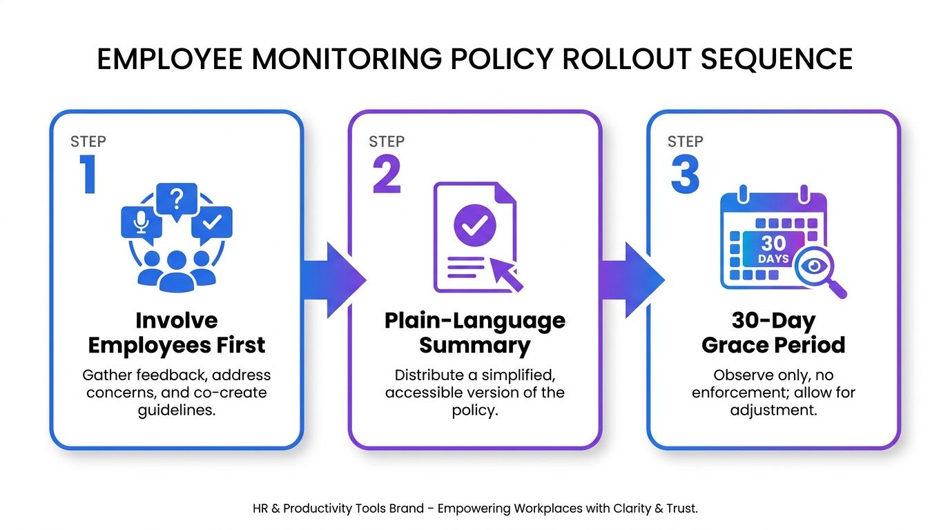 Employee monitoring policy rollout sequence showing three steps: involve employees first, share a plain-language summary, and provide a 30-day grace period before enforcement. 
