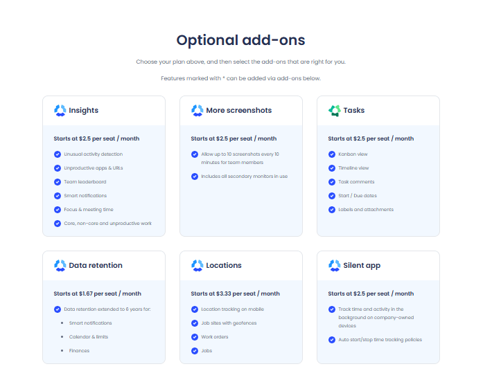 Hubstaff optional add-ons pricing