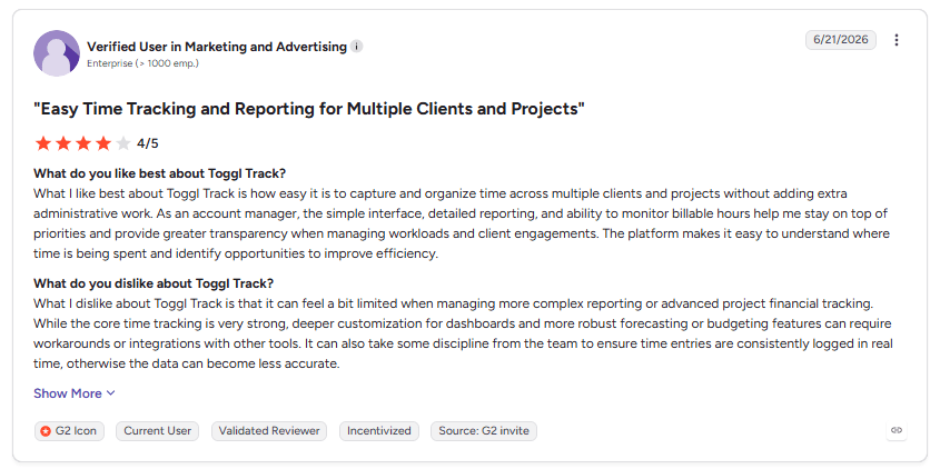 Toggl G2 review on easy time tracking, reporting, and project management.
