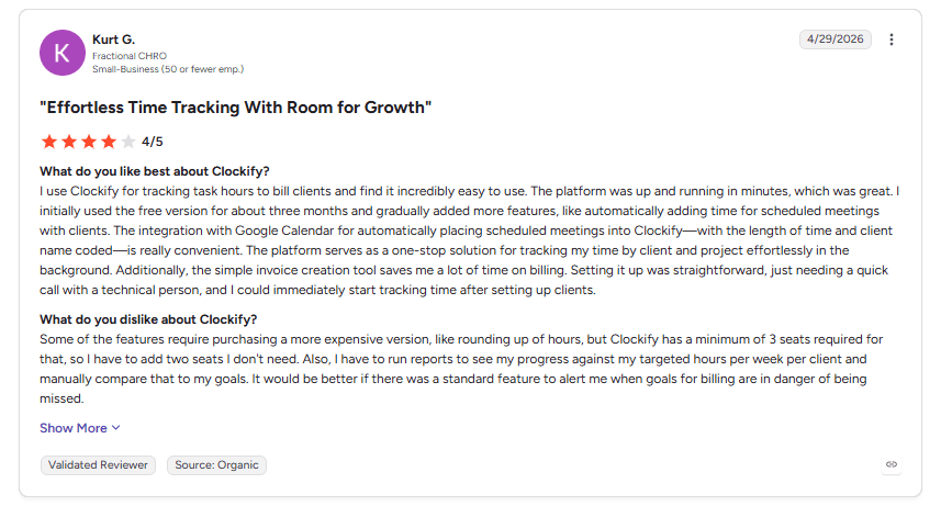 Clockify G2 review on easy time tracking, integrations, invoicing, and feature limitations.