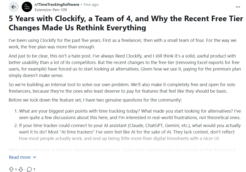 Reddit user explaining why they are reconsidering Clockify
