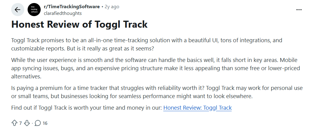 Toggl Track review discussing usability, pricing, and reliability.