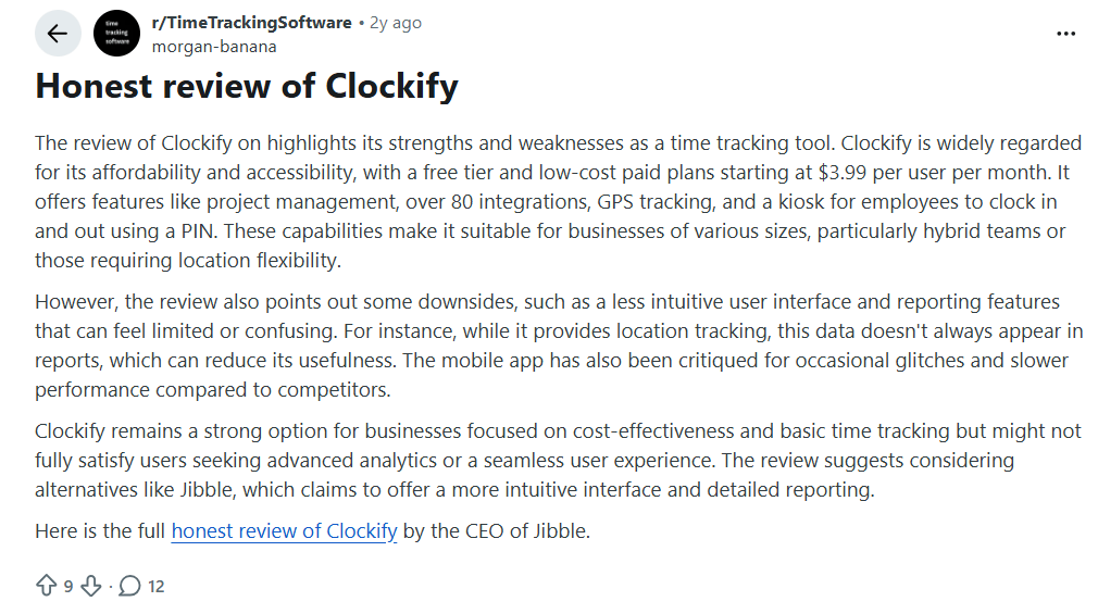 Reddit user sharing their Clockify experience and concerns