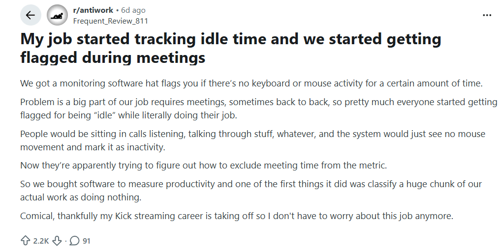Reddit user describing employees being marked idle during work meetings.