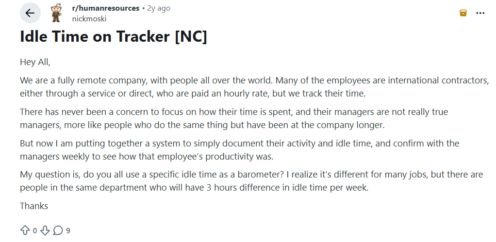 Reddit discussion about setting an idle-time benchmark for remote employees.